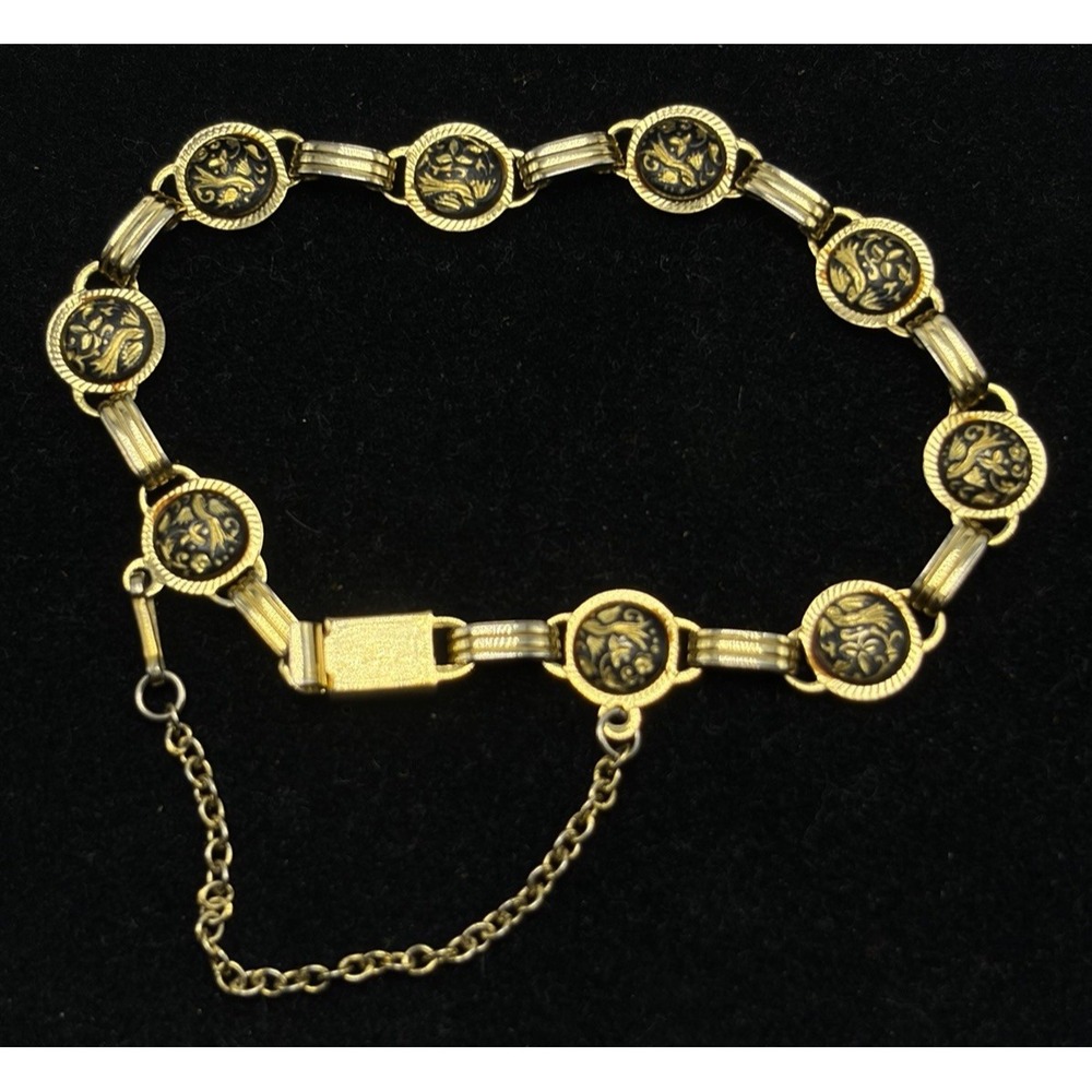 Vintage Spanish Damascene Gold Tone Link Bracelet Bird Flower Black Enamel 7"